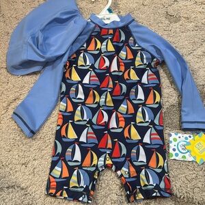 LITTLE ME Multi Infant Boys Sailboat Rash Guard Suit With Hat NWT Size 24 Months